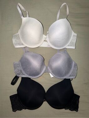 Set of 3 lace trimmed bras - White, Lavender & Black